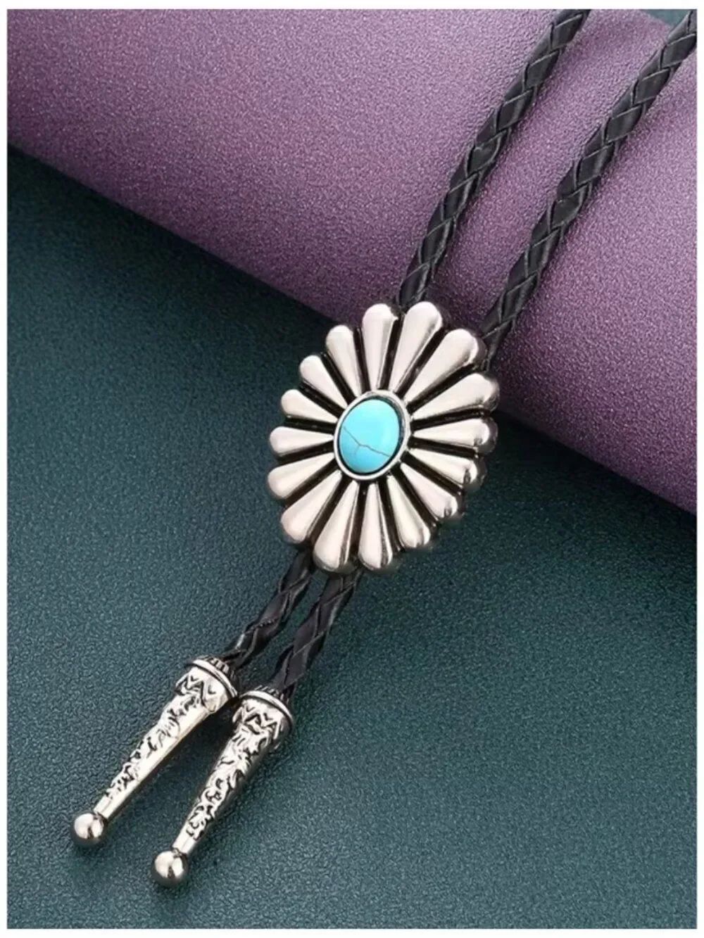 NWT Western Bolo Tie Faux Turquoise Aged Silver & Black Braided Rope